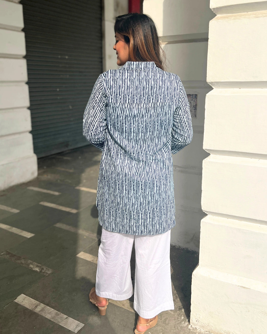Indigo Vertical Striped Cotton Long Shirt For Women