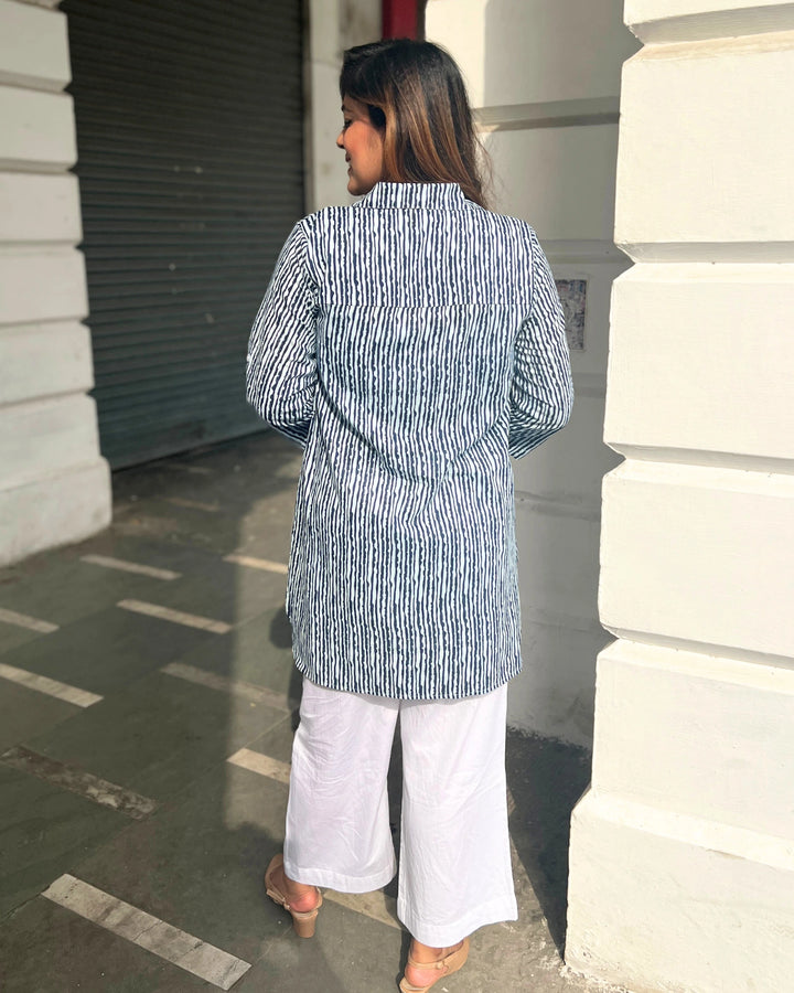 Indigo Vertical Striped Cotton Long Shirt For Women