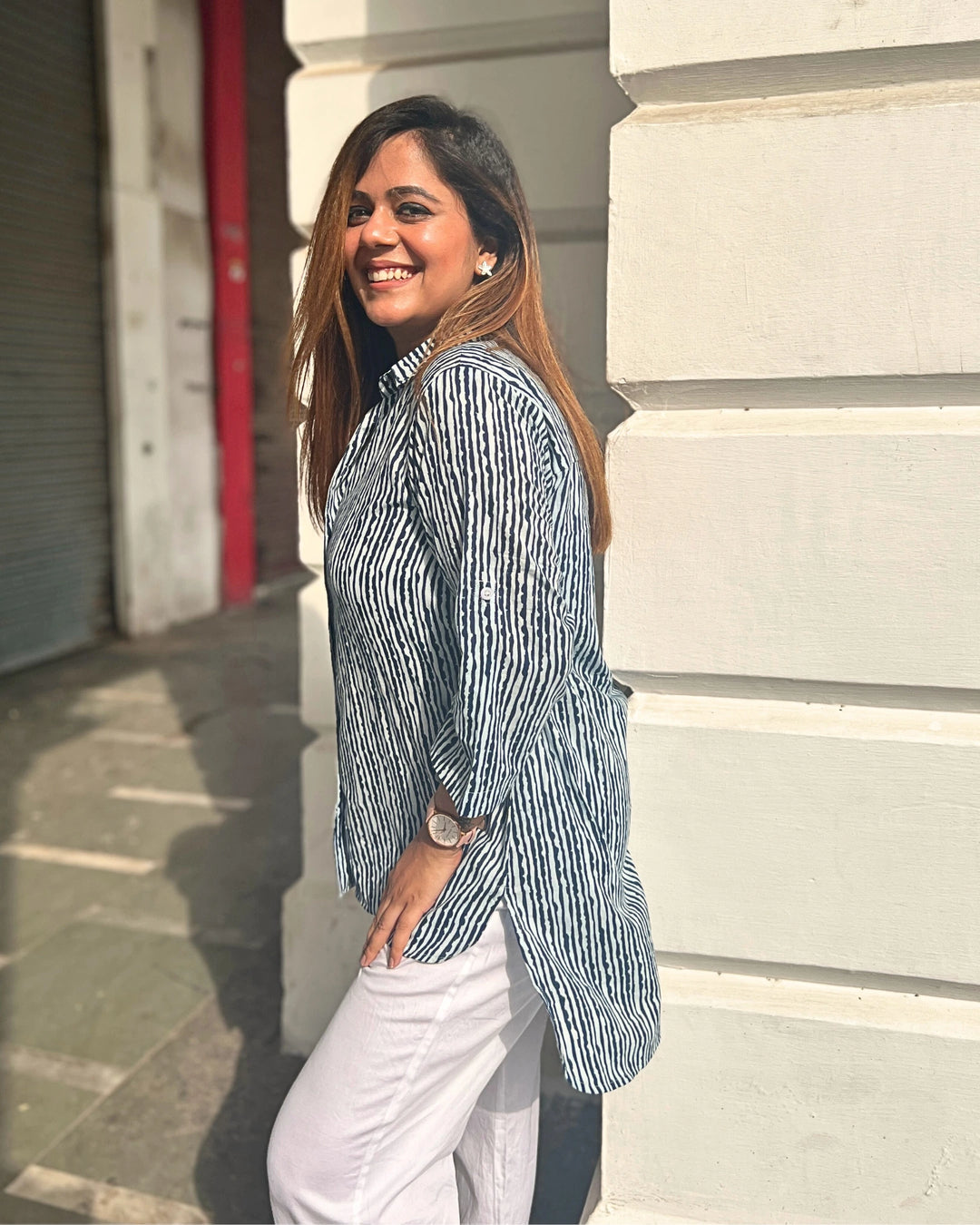 Indigo Vertical Striped Cotton Long Shirt For Women