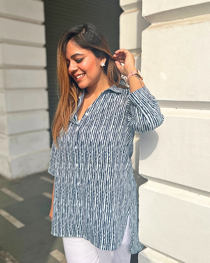 Indigo Vertical Striped Cotton Long Shirt For Women