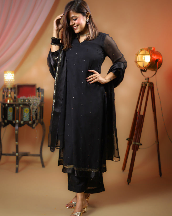 Jiyara Lacey Mulmul Black Straight Suit Sets of 3 for Kids