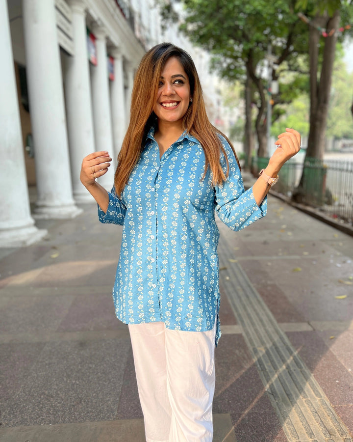 Light Blue Floral Cotton Shirt for Women
