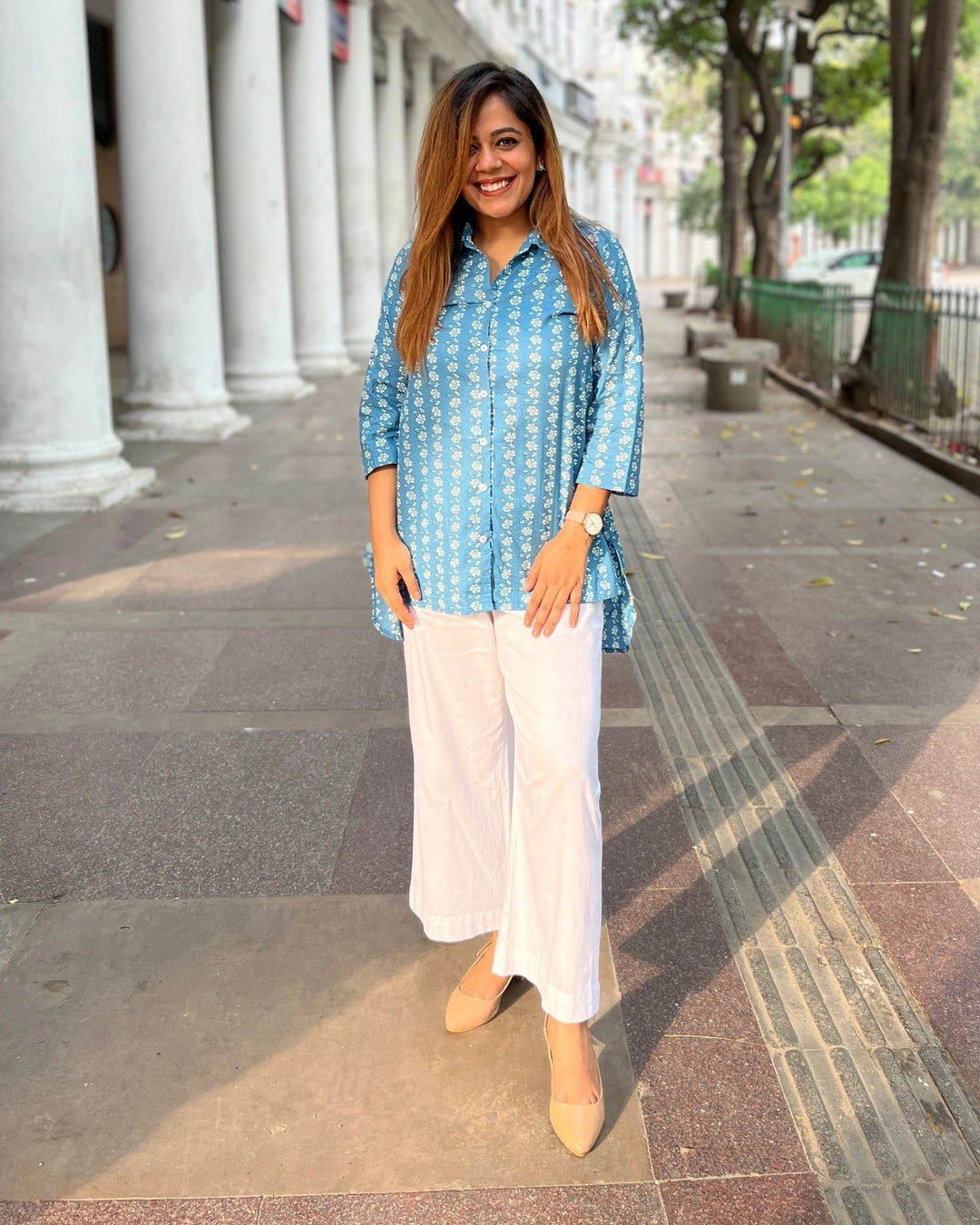 Light Blue Floral Cotton Shirt for Women