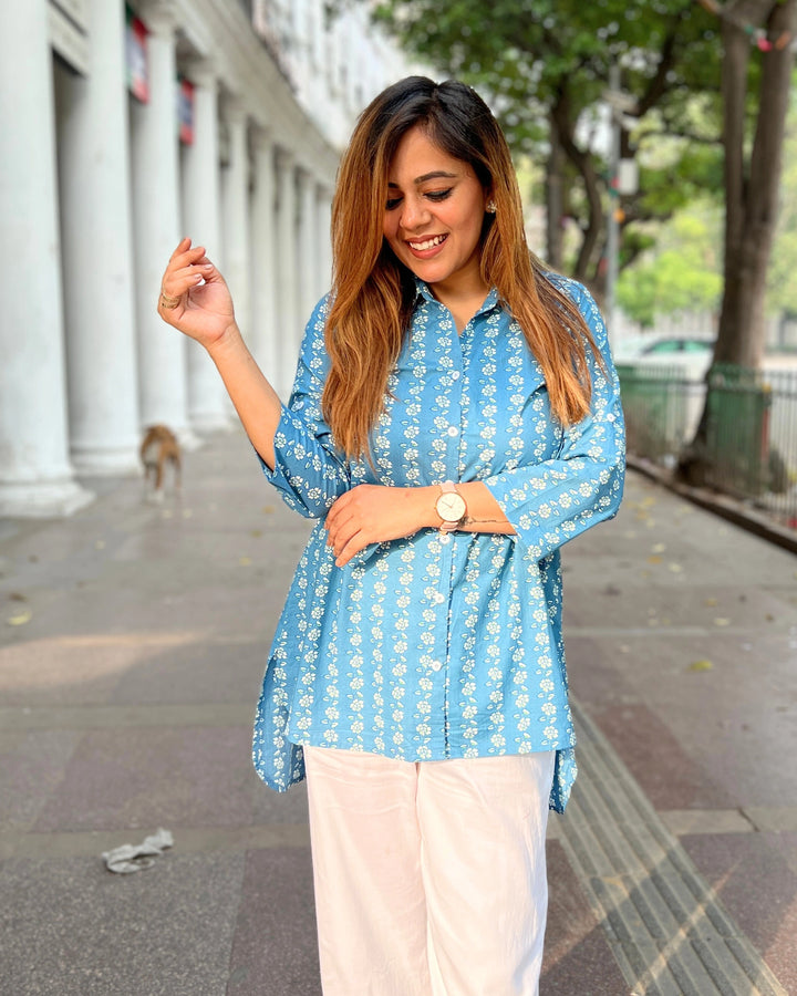 Light Blue Floral Cotton Shirt for Women