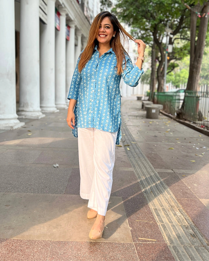 Light Blue Floral Cotton Shirt for Women