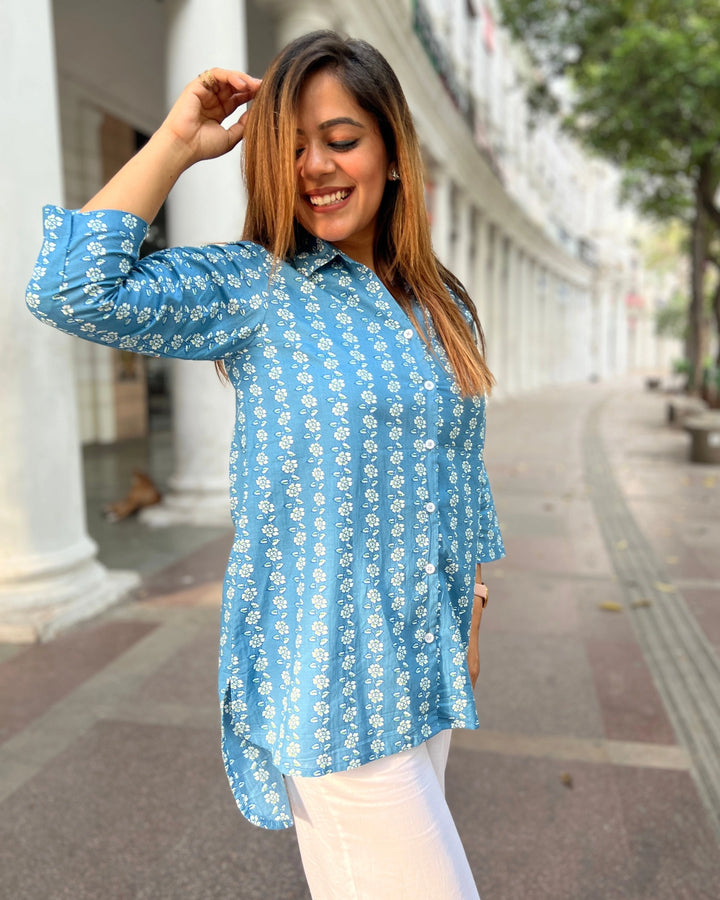 Light Blue Floral Cotton Shirt for Women