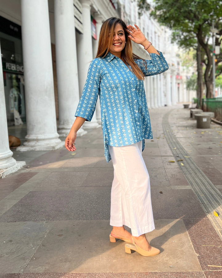 Light Blue Floral Cotton Shirt for Women