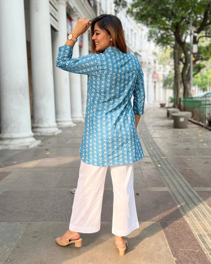 Light Blue Floral Cotton Shirt for Women