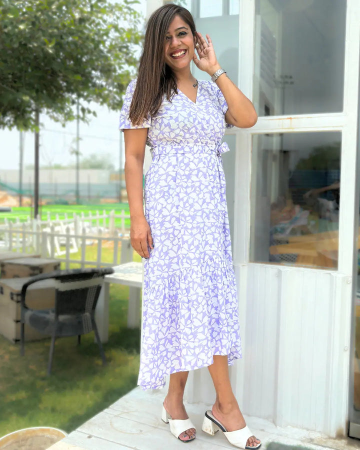 Lilac Floral Printed Cotton Wrap Dress