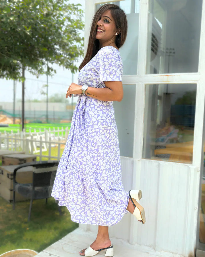 Lilac Floral Printed Cotton Wrap Dress