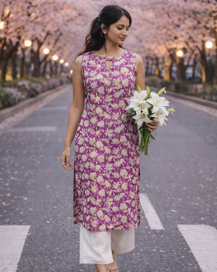 Sea Green Bloom Straight Cotton Kurta For Women