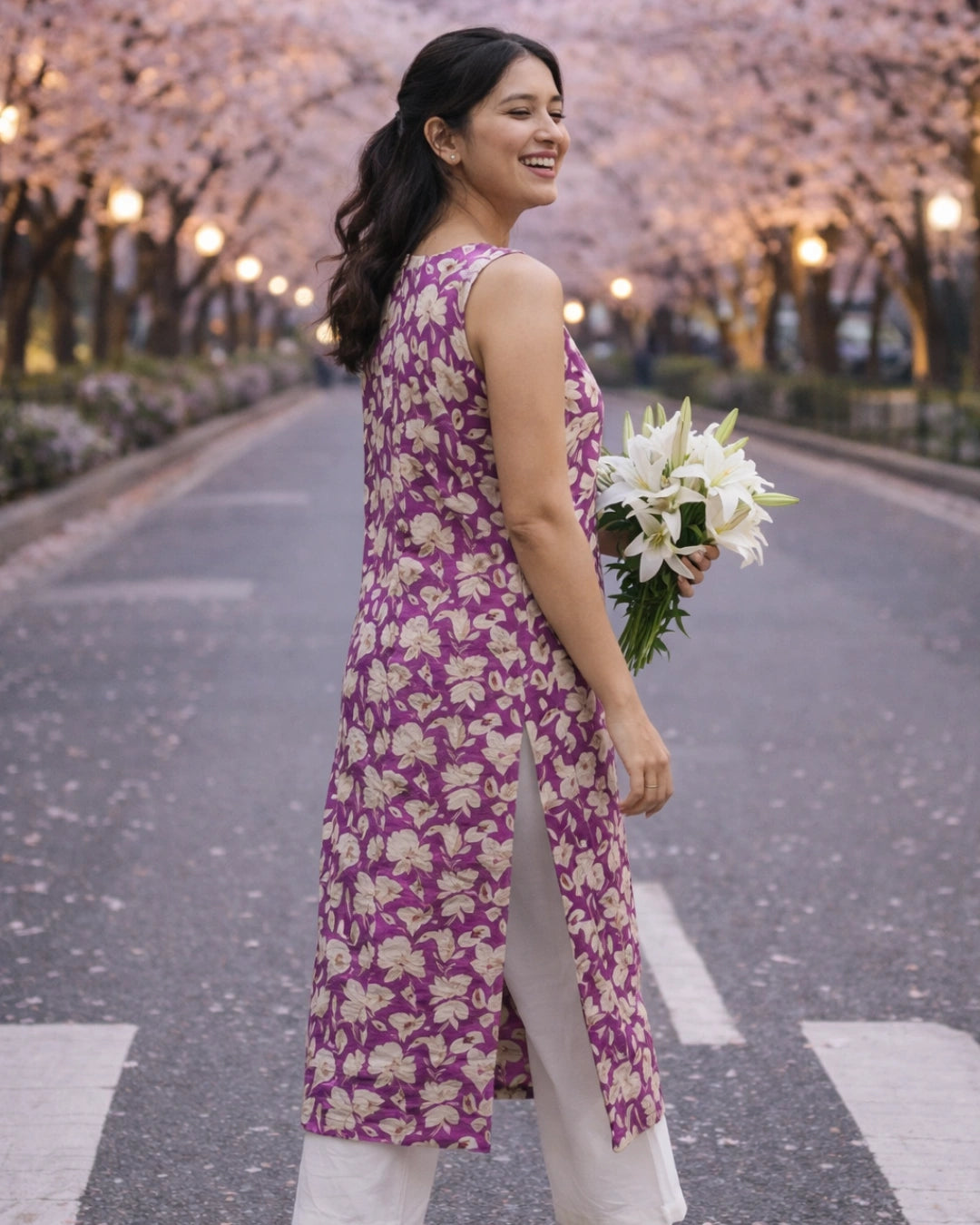 Lilac Bloom Straight Cotton Kurta For Women