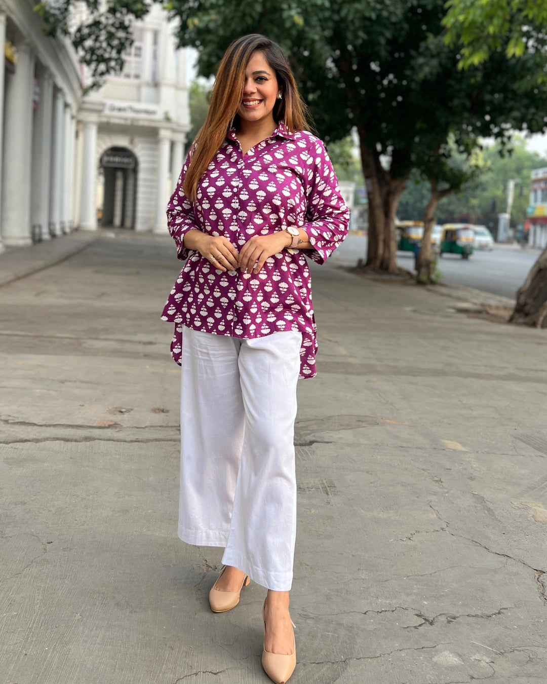 Magenta Block Print Cotton Shirt for Women