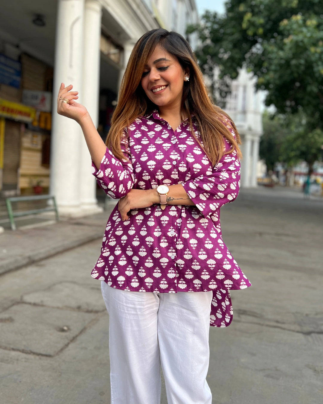Magenta Block Print Cotton Shirt for Women