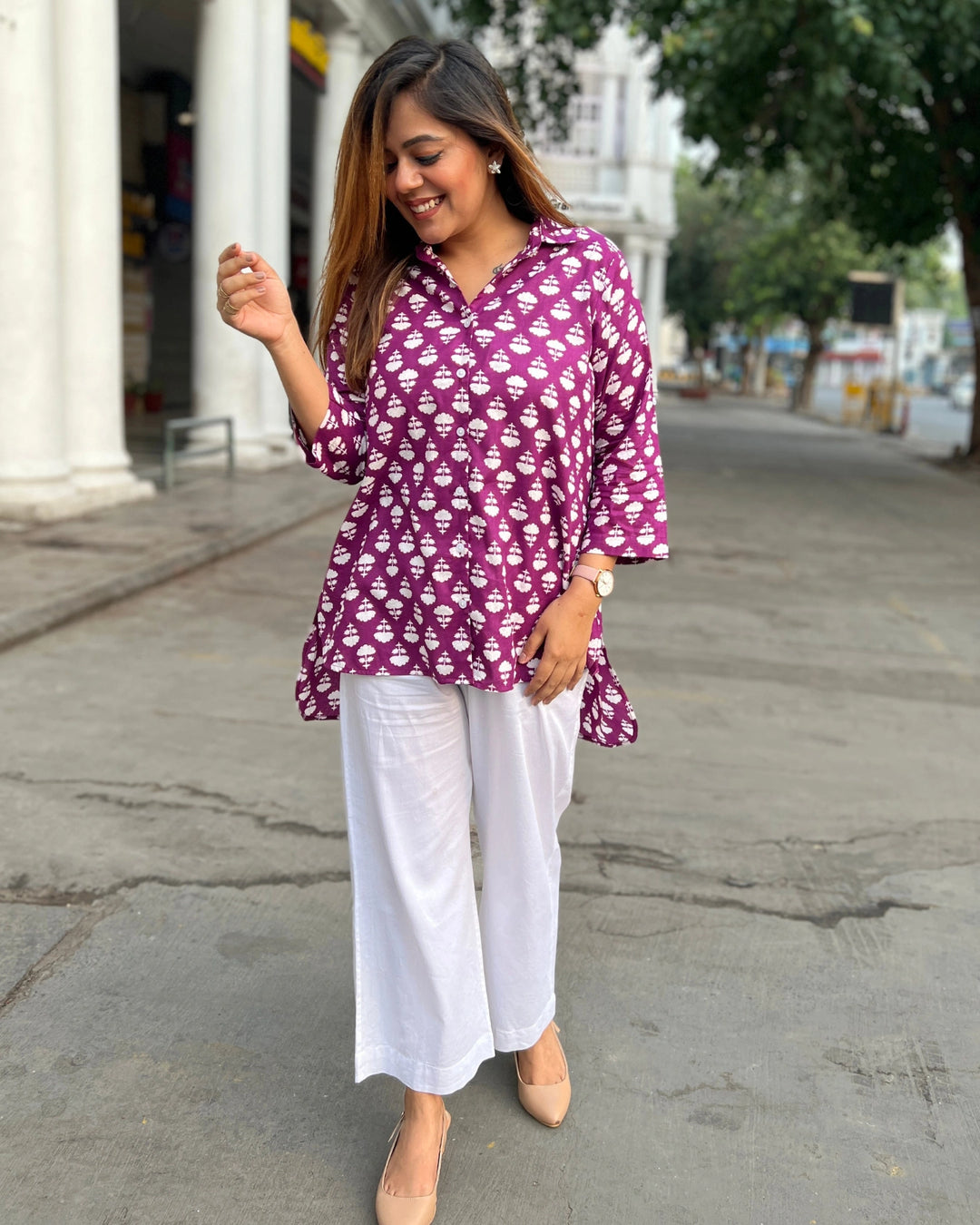 Magenta Block Print Cotton Shirt for Women