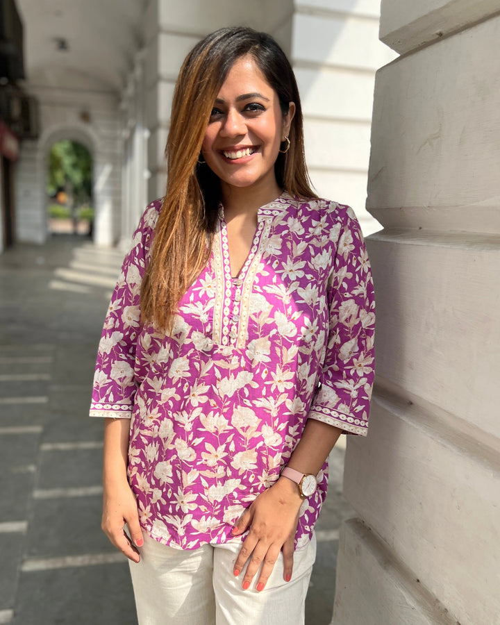 Magenta Floral Cotton Long Top For Women