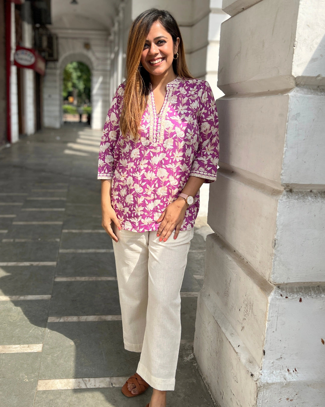 Magenta Floral Cotton Long Top For Women