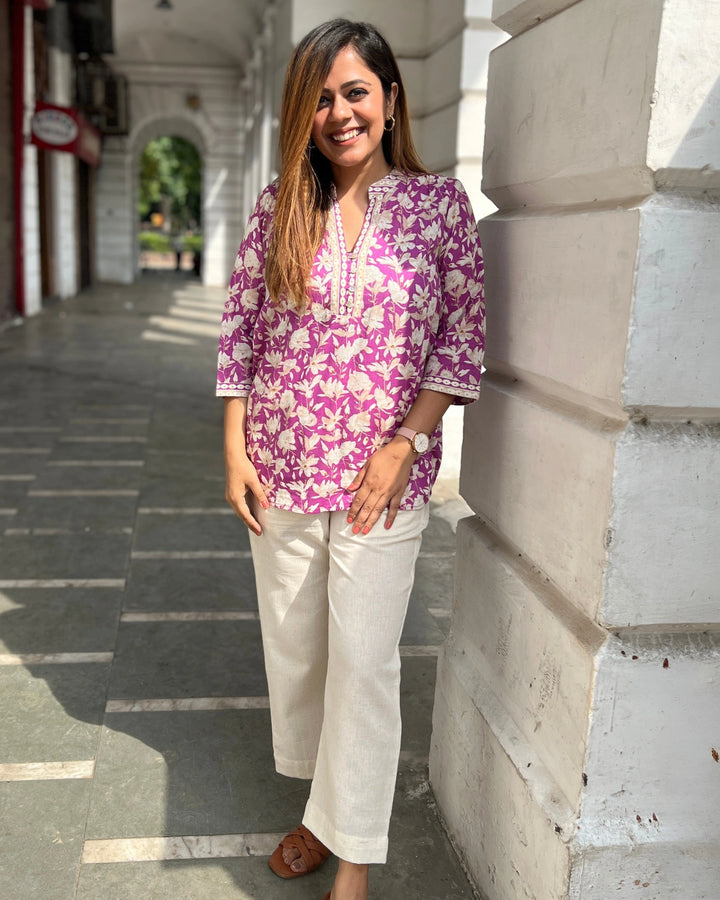 Magenta Floral Cotton Long Top For Women
