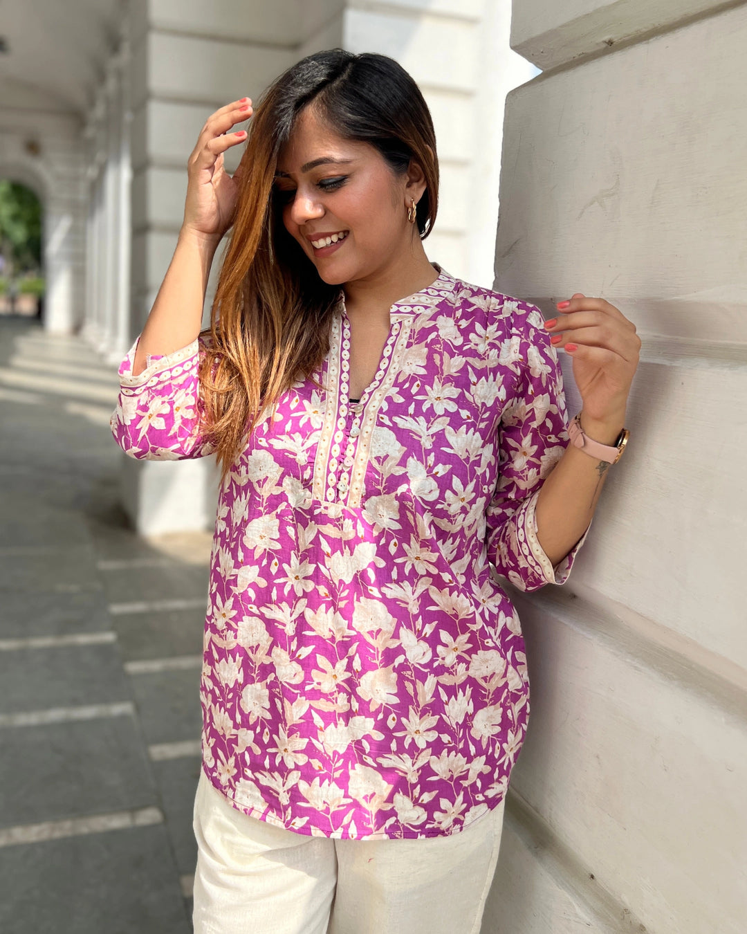 Magenta Floral Cotton Long Top For Women