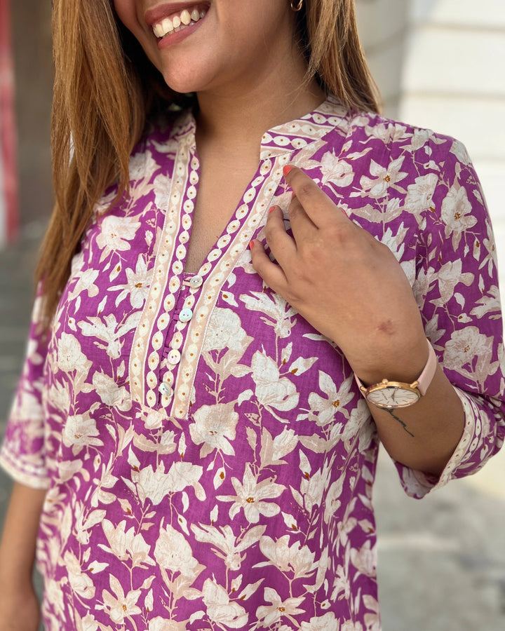 Magenta Floral Cotton Long Top For Women