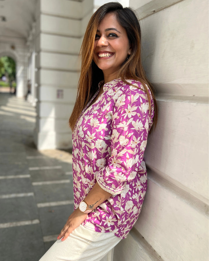 Magenta Floral Cotton Long Top For Women
