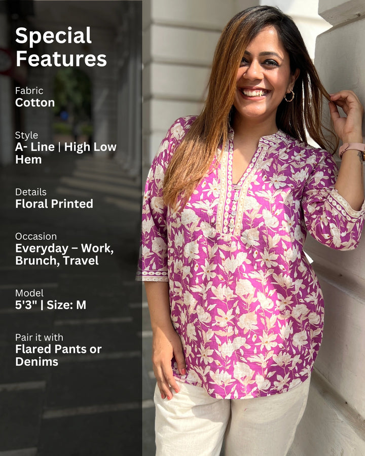 Magenta Floral Cotton Long Top For Women