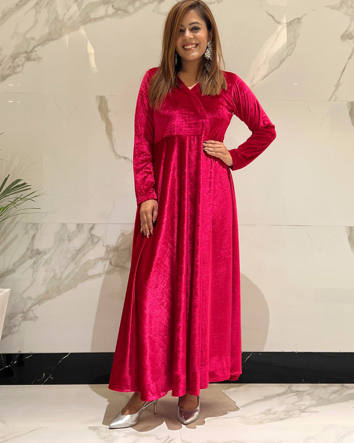 Magenta Pink Fit and Flare Long Velvet Dress