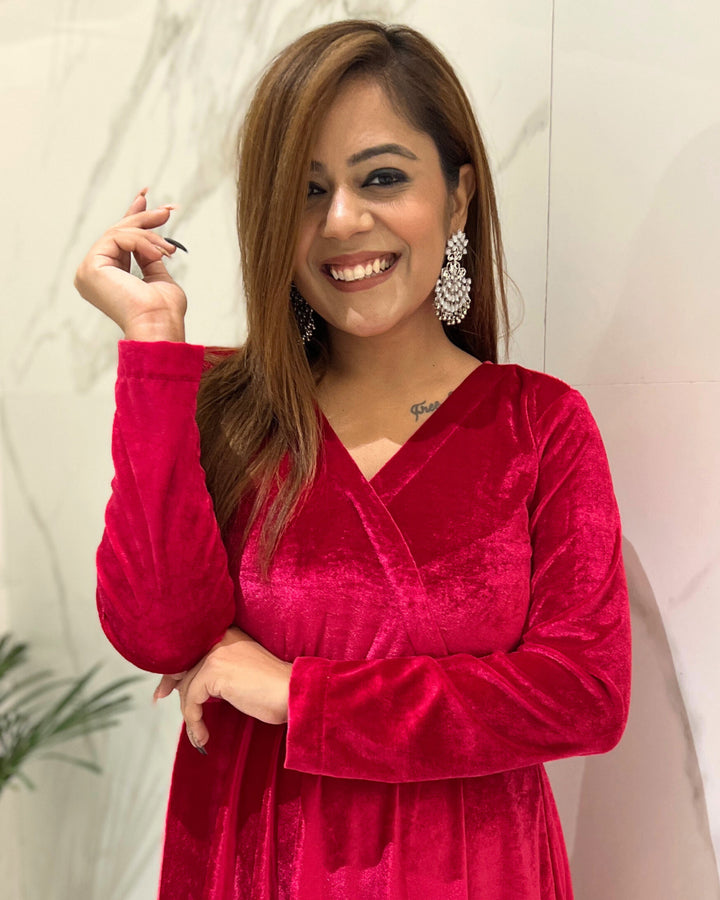 Magenta Pink Fit and Flare Long Velvet Dress