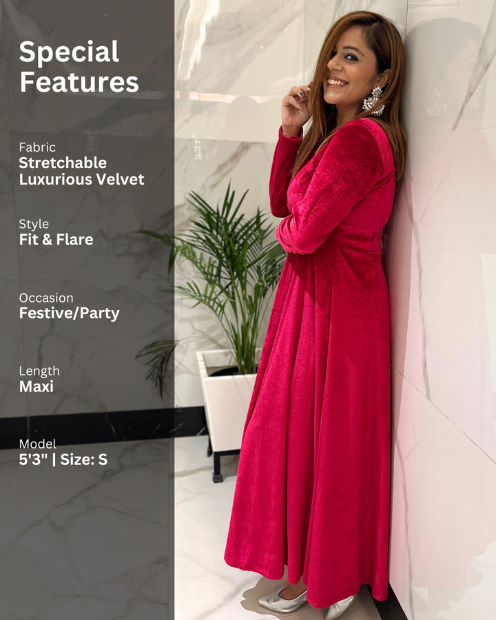 Magenta Pink Fit and Flare Long Velvet Dress