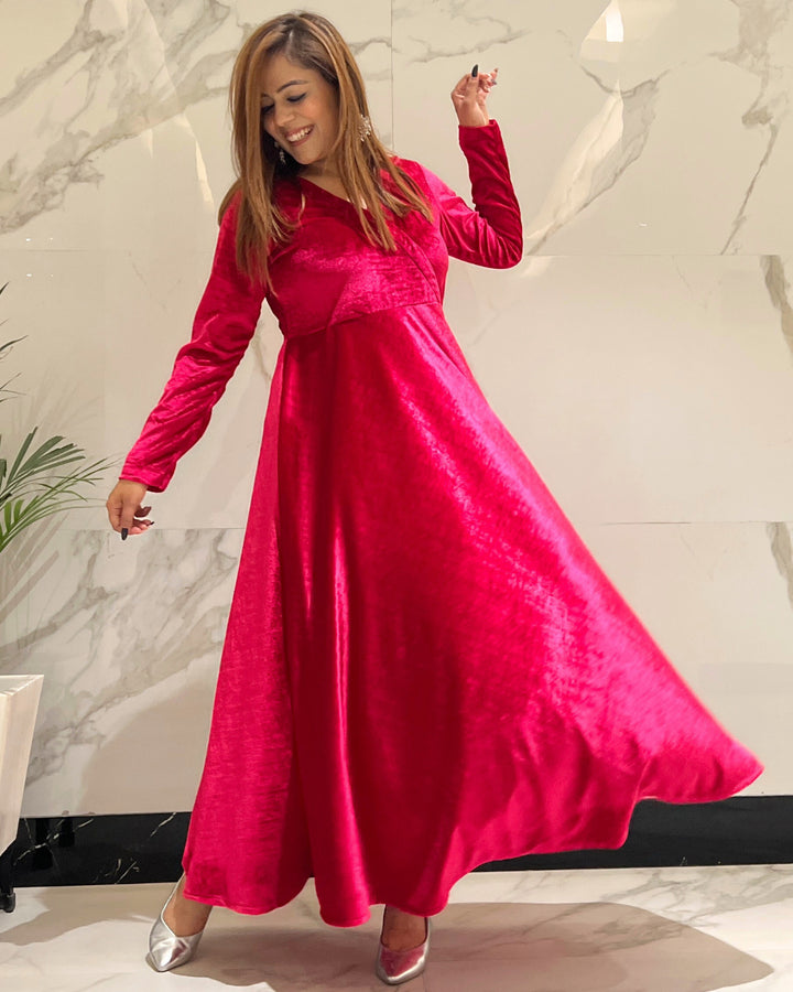 Magenta Pink Fit and Flare Long Velvet Dress