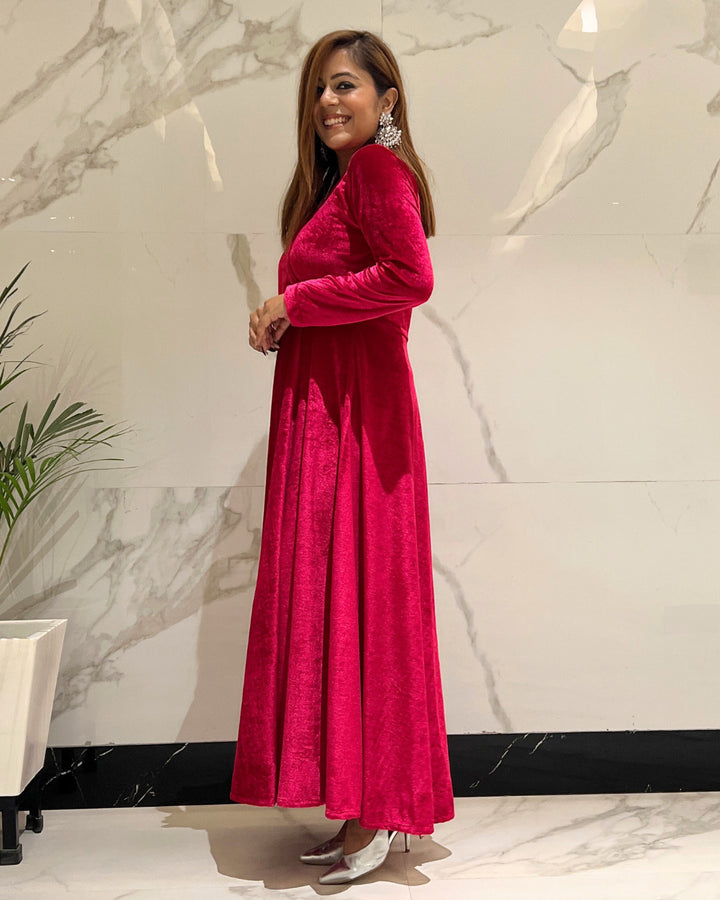 Magenta Pink Fit and Flare Long Velvet Dress