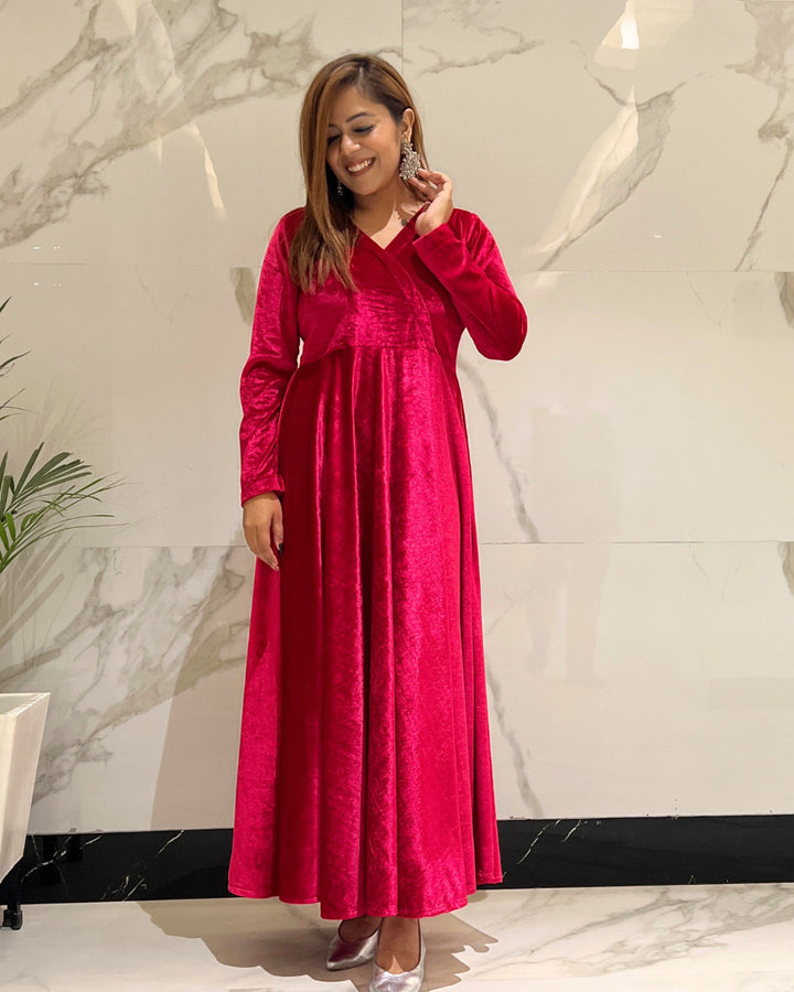 Magenta Pink Fit and Flare Long Velvet Dress
