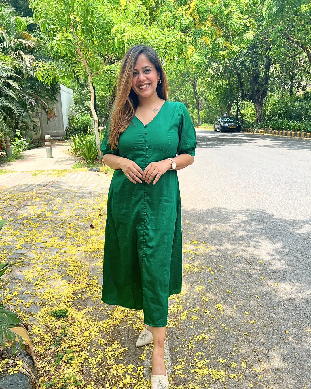 Magnetic Green Empire Cut A-Line Dress for Women
