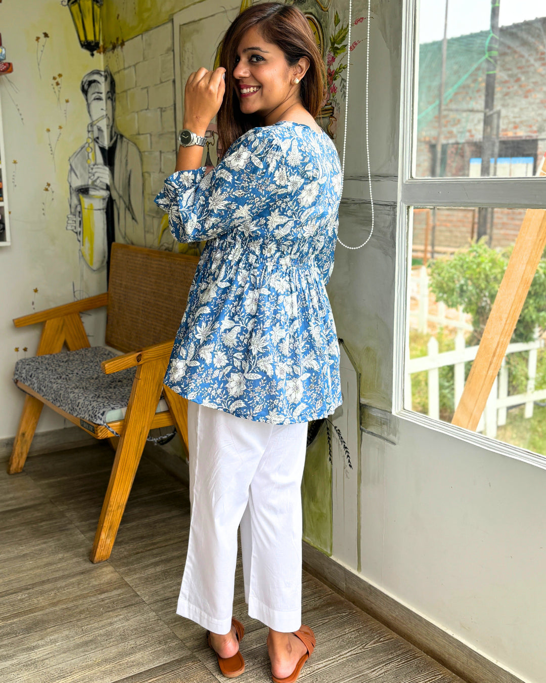 Blue White Cotton Peplum Top