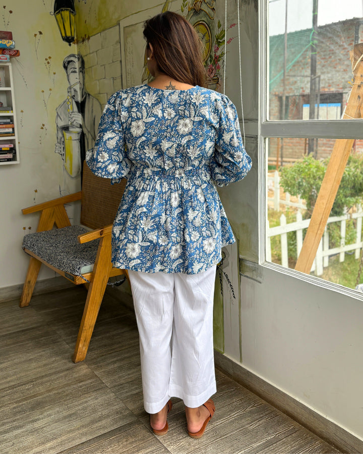 Blue White Cotton Peplum Top