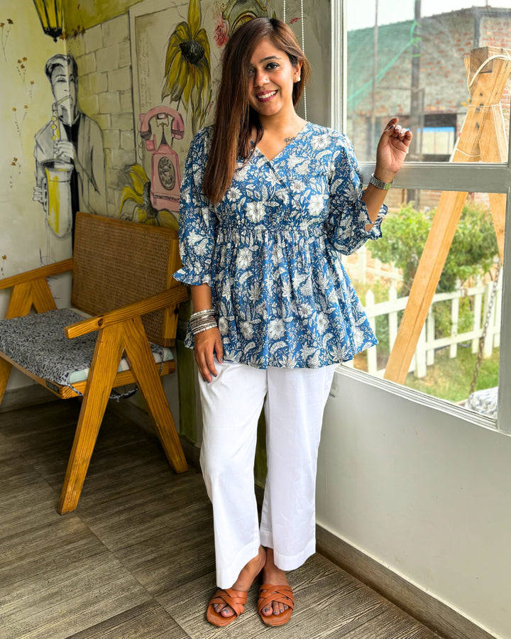 Blue White Cotton Peplum Top