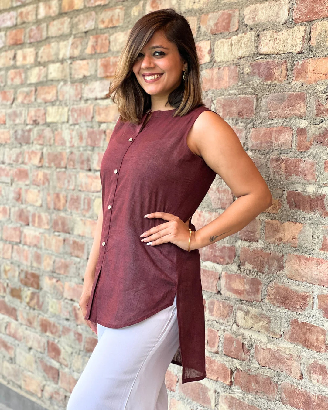 Maroon Solid High Low Shirt