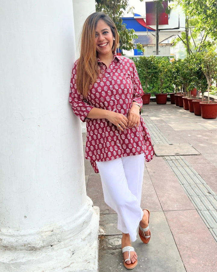 Maroon Printed Cotton Shirt for Women