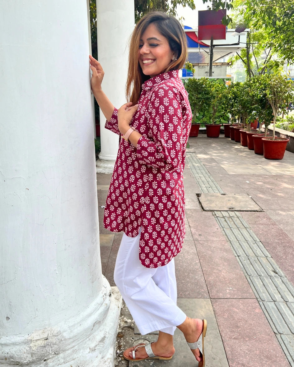 Maroon Printed Cotton Shirt for Women