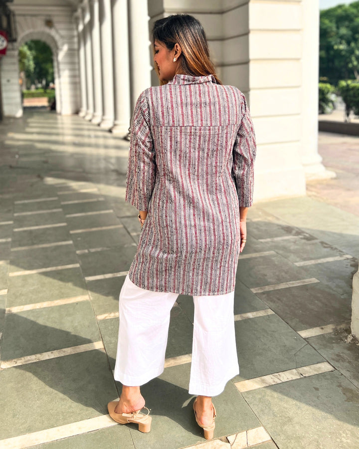 Maroon Striped Cotton Shirt For Women