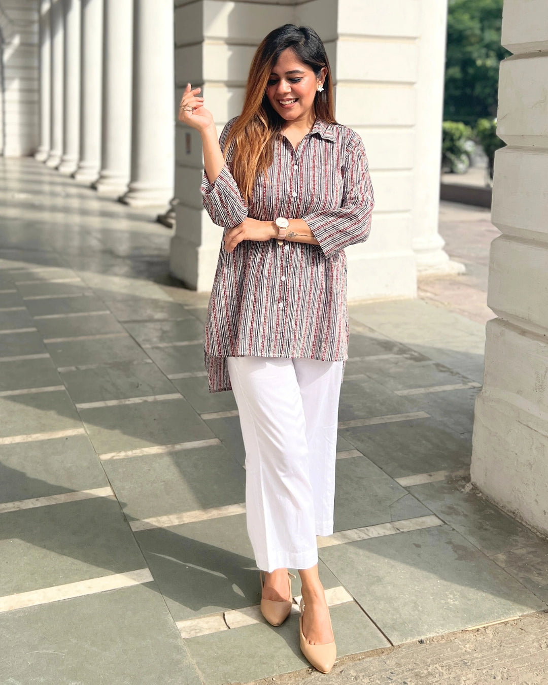 Maroon Striped Cotton Shirt For Women