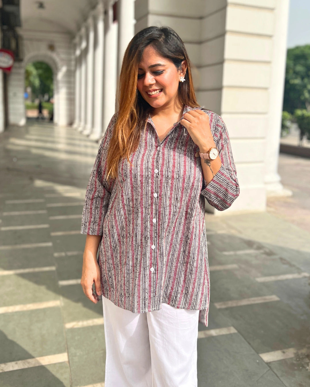 Maroon Striped Cotton Shirt For Women