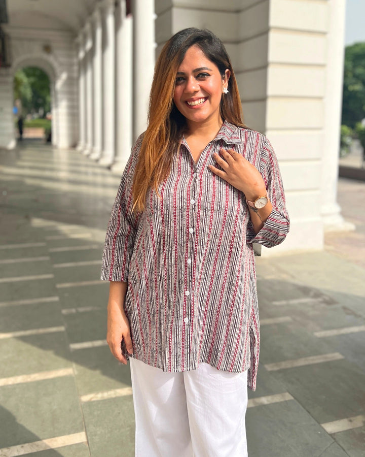 Maroon Striped Cotton Shirt For Women
