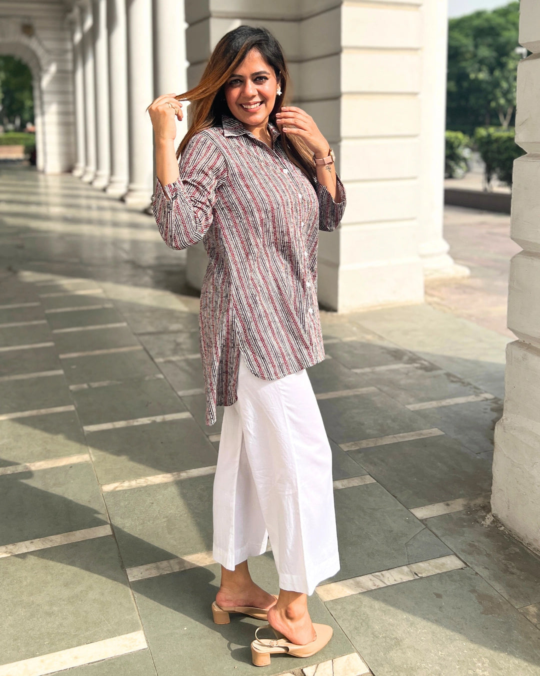Maroon Striped Cotton Shirt For Women