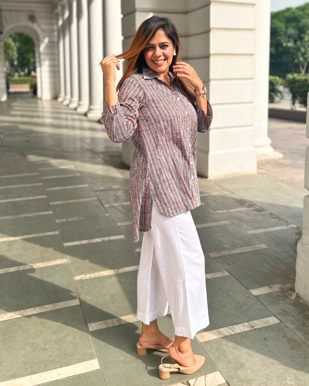 Maroon Striped Cotton Shirt For Women