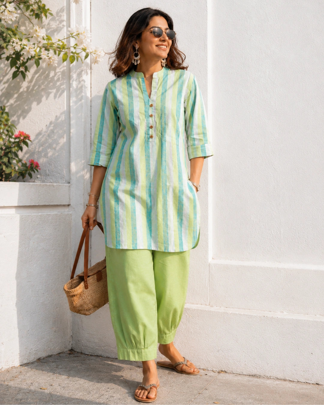 Mint Muse Stripe Farshi Cotton Kurta Set