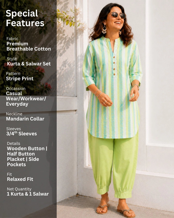 Mint Muse Stripe Farshi Cotton Kurta Set