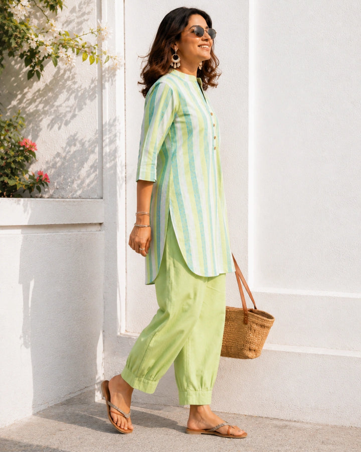Mint Muse Stripe Farshi Cotton Kurta Set