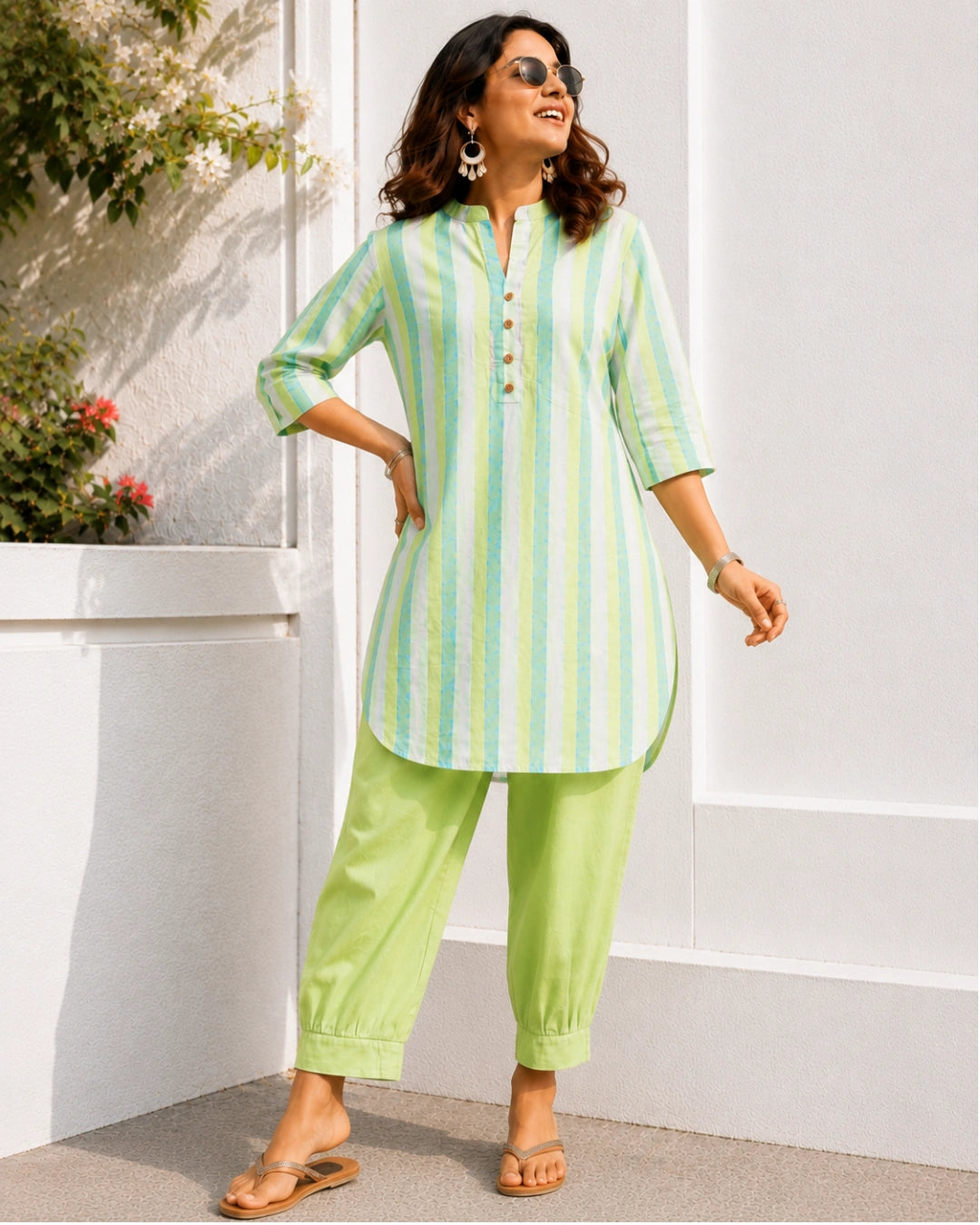 Mint Muse Stripe Farshi Cotton Kurta Set