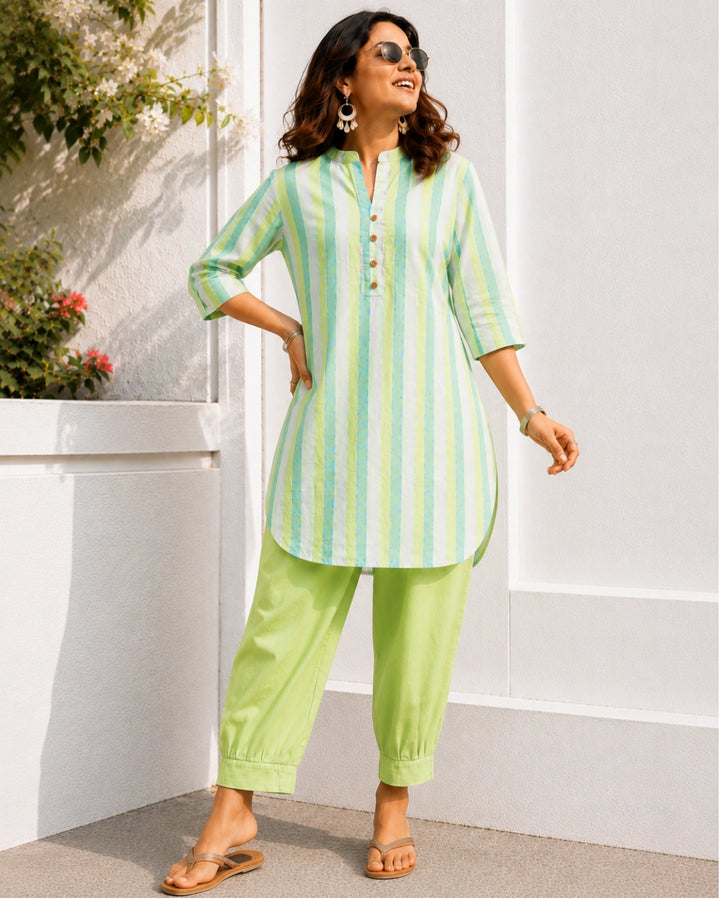 Mint Muse Stripe Farshi Cotton Kurta Set